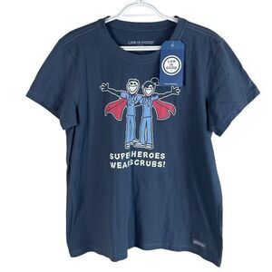 NEW Life Is Good Womens Super Heroes Wear Scrubs Crusher T Shirt Blue Cotton - L